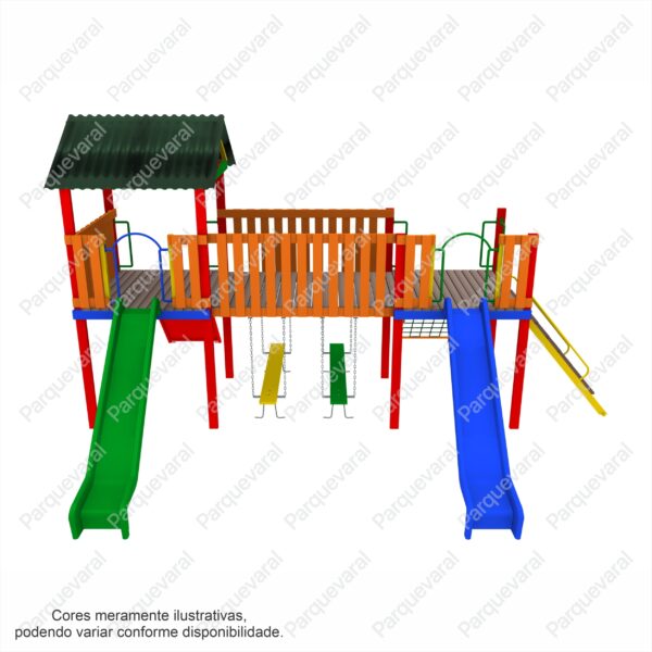 PV-M136 MEGA ALEGRIA - Casinha dupla playground infantil de madeira com escorregador de plástico.