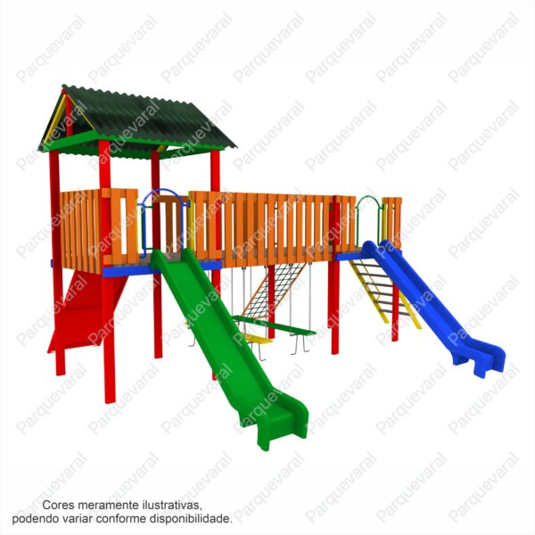 PV-M136 MEGA ALEGRIA - Casinha dupla playground infantil de madeira com escorregador de plástico.