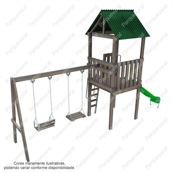 Casinha playground de madeira com escorregador e balanco criança infantil