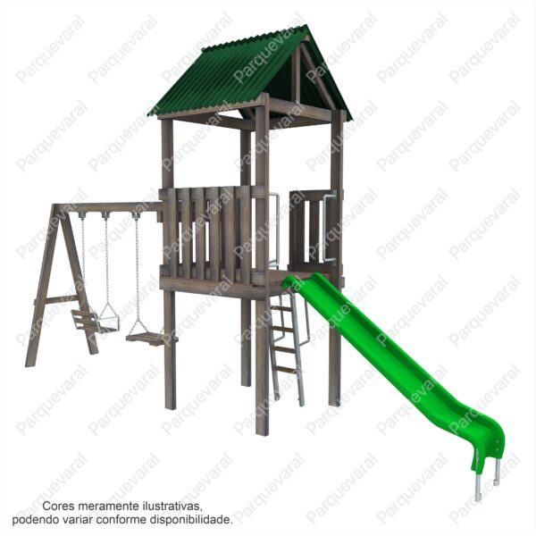 Casinha playground de madeira com escorregador e balanco criança infantil